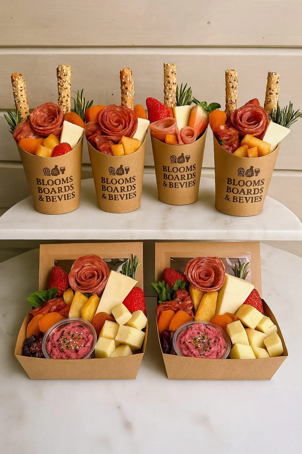 Elegant charcuterie cups with meats, cheeses, and flowers, perfect for stylish snacking.