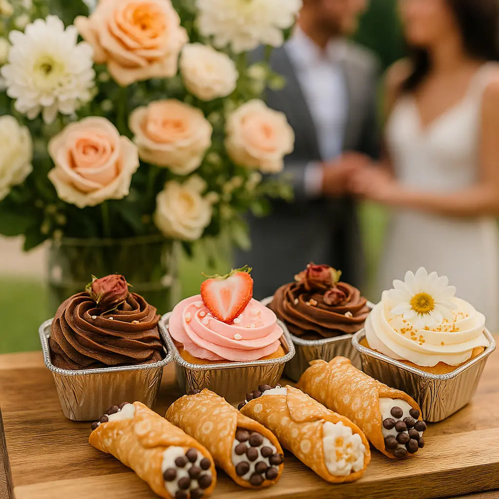 Elegant wedding desserts with cannoli and cupcakes in front of a bride and groom.