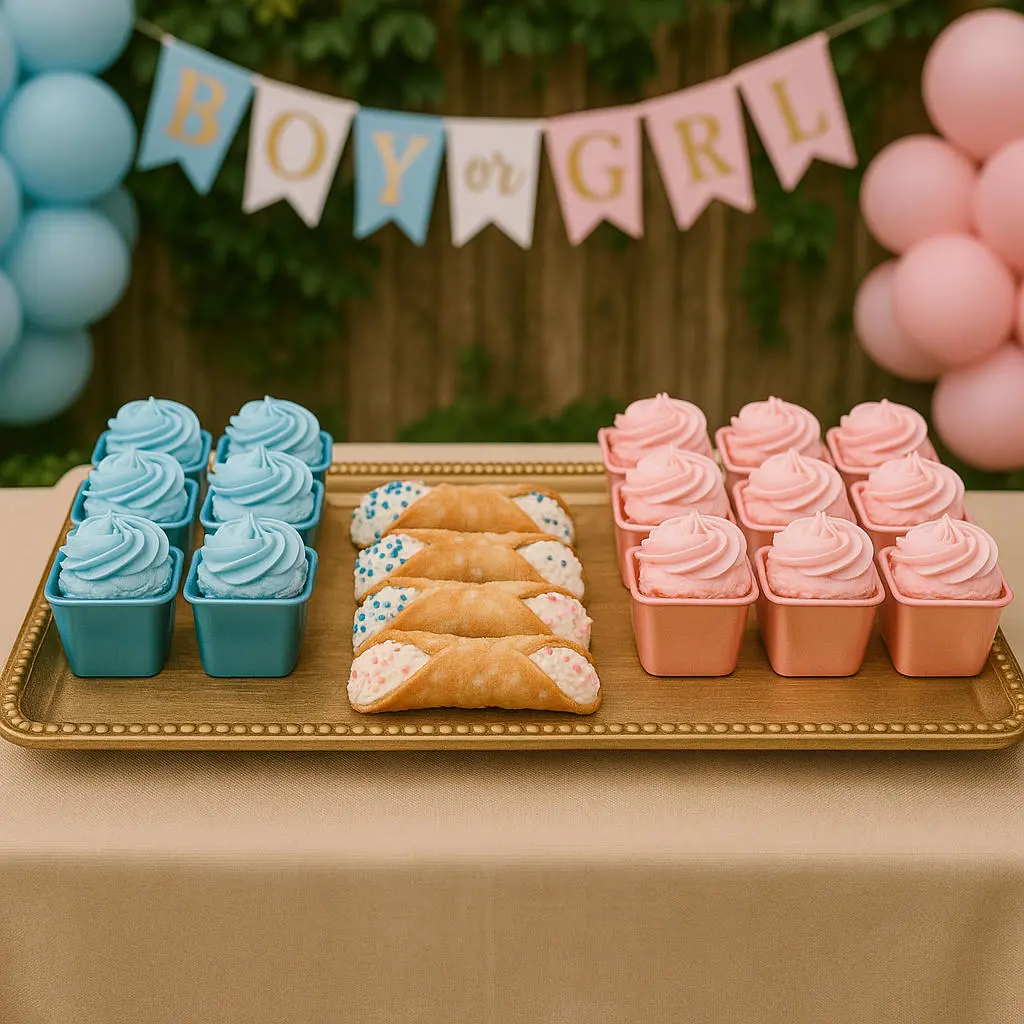 Blue and pink baby shower cupcakes and cookies on a tray with a 'Boy or Girl' banner.