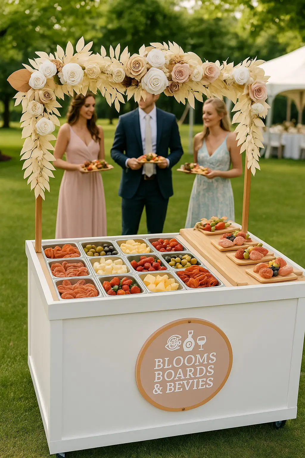 Elegant catering setup with a variety of appetizers and three people selecting food.