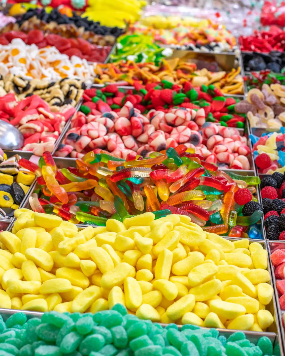 Colorful assortment of gummy candies in various shapes and flavors.