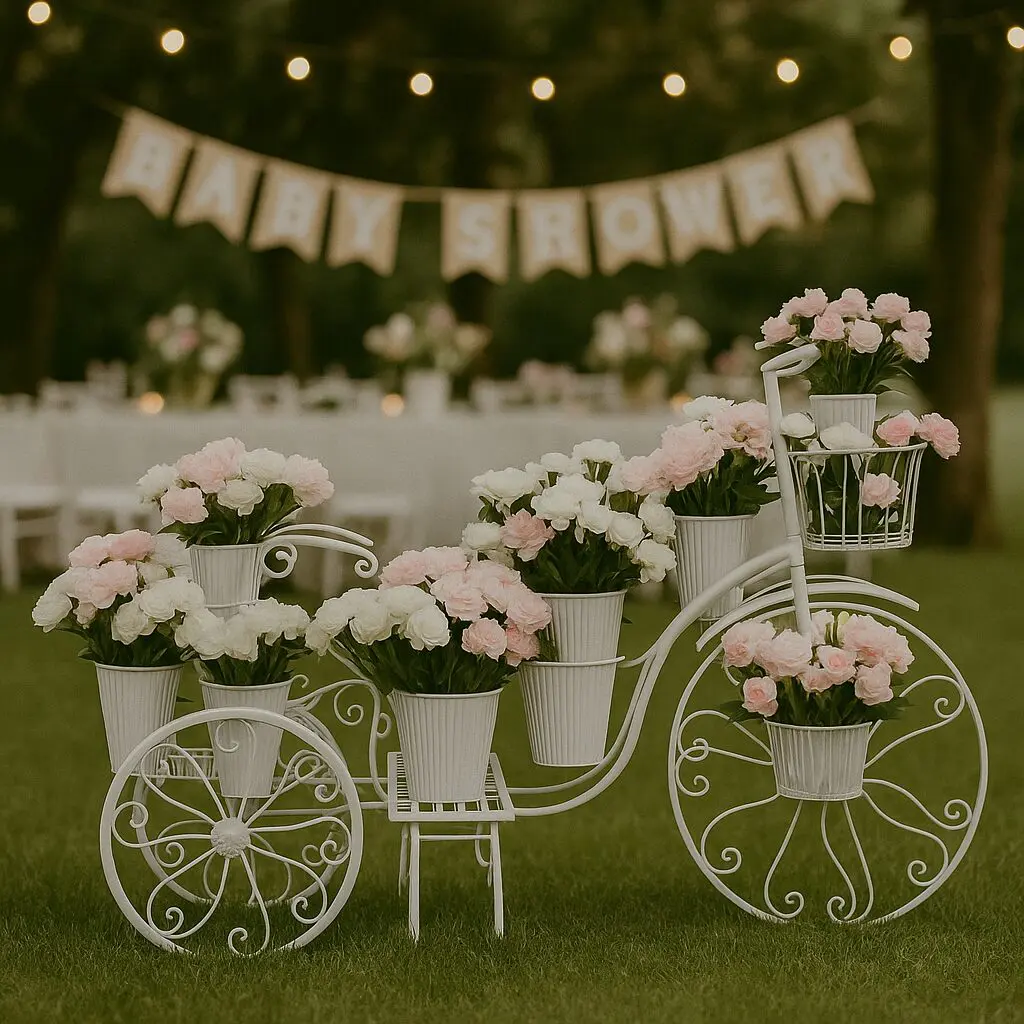 Elegant white floral arrangements in vintage bicycle-style pots at an outdoor event.