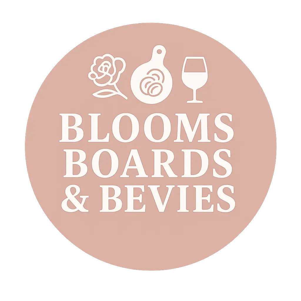 Logo for Blooms Boards & Bevies with floral and drink icons.