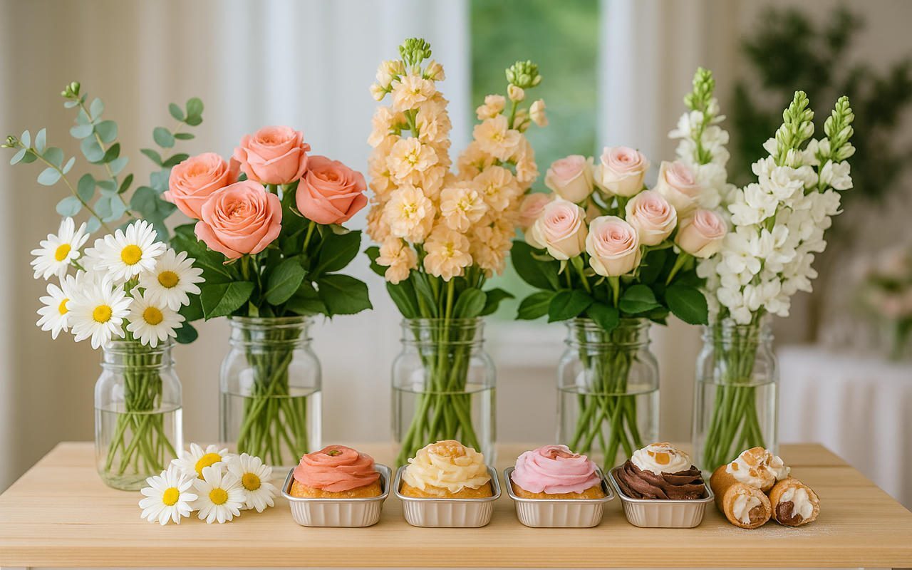 Elegant pastel flowers and cupcakes on a table.