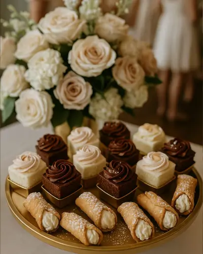Elegant assortment of desserts and white roses in the background.